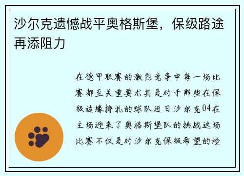 沙尔克遗憾战平奥格斯堡，保级路途再添阻力