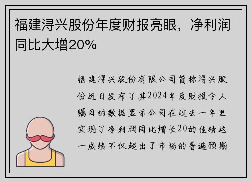 福建浔兴股份年度财报亮眼，净利润同比大增20%